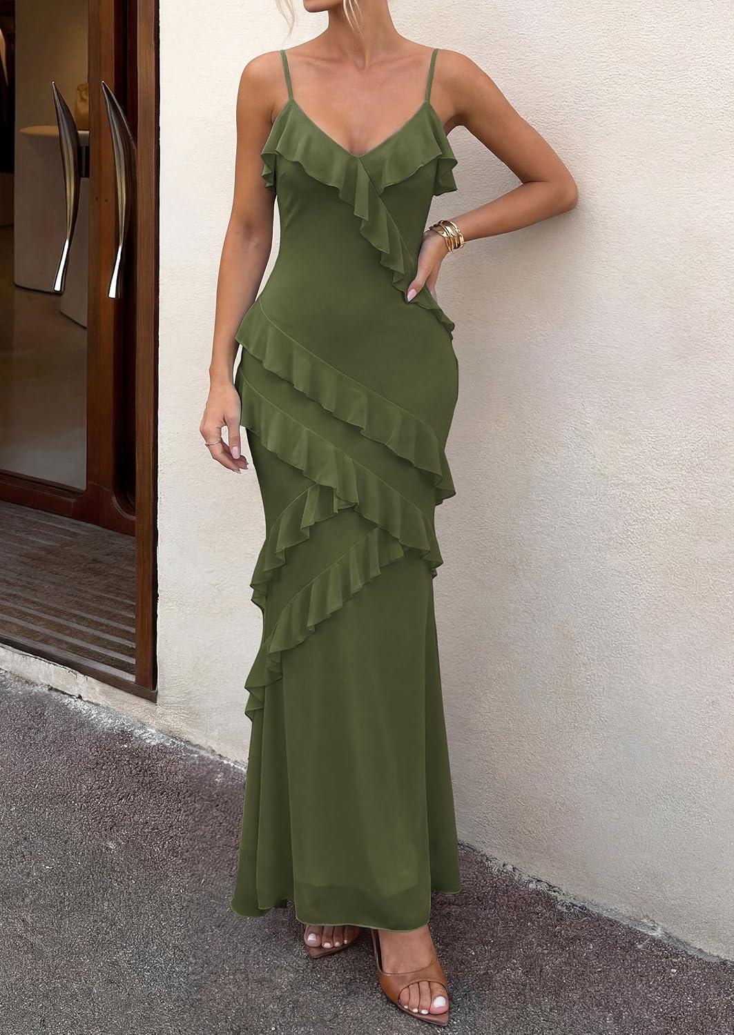 imagePRETTYGARDEN Women 2026 Wedding Guest Cocktail Maxi Dress Spaghetti Strap Sleeveless V Neck Bodycon Mesh Party Summer OutfitsArmy Green