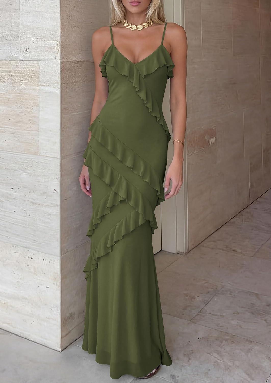 imagePRETTYGARDEN Women 2026 Wedding Guest Cocktail Maxi Dress Spaghetti Strap Sleeveless V Neck Bodycon Mesh Party Summer OutfitsArmy Green