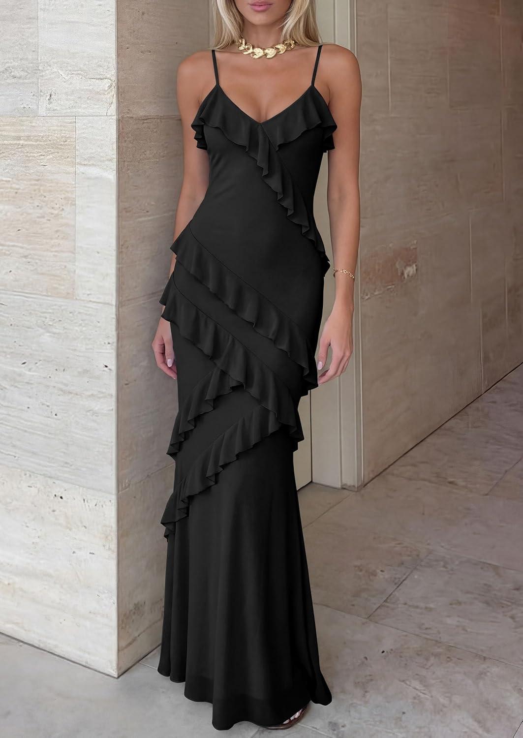 imagePRETTYGARDEN Women 2026 Wedding Guest Cocktail Maxi Dress Spaghetti Strap Sleeveless V Neck Bodycon Mesh Party Summer OutfitsBlack