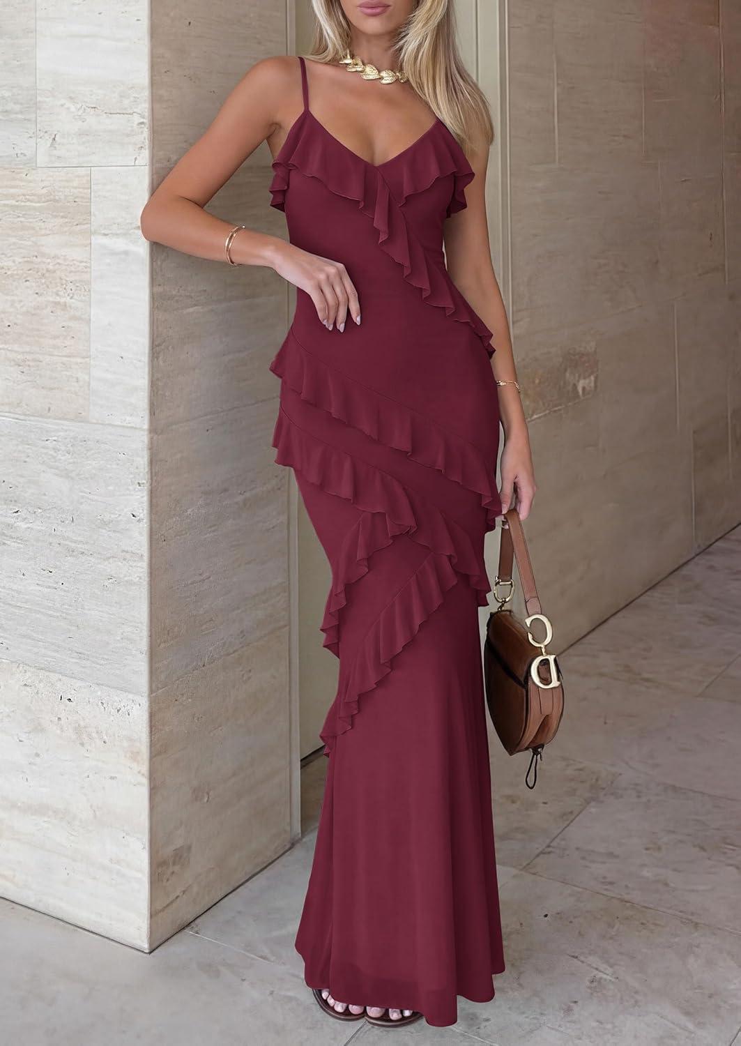 imagePRETTYGARDEN Women 2026 Wedding Guest Cocktail Maxi Dress Spaghetti Strap Sleeveless V Neck Bodycon Mesh Party Summer OutfitsBurgundy