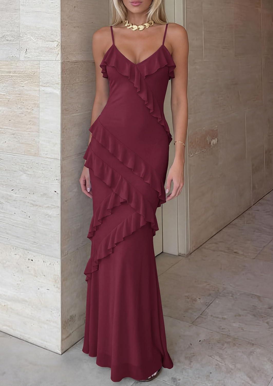 imagePRETTYGARDEN Women 2026 Wedding Guest Cocktail Maxi Dress Spaghetti Strap Sleeveless V Neck Bodycon Mesh Party Summer OutfitsBurgundy