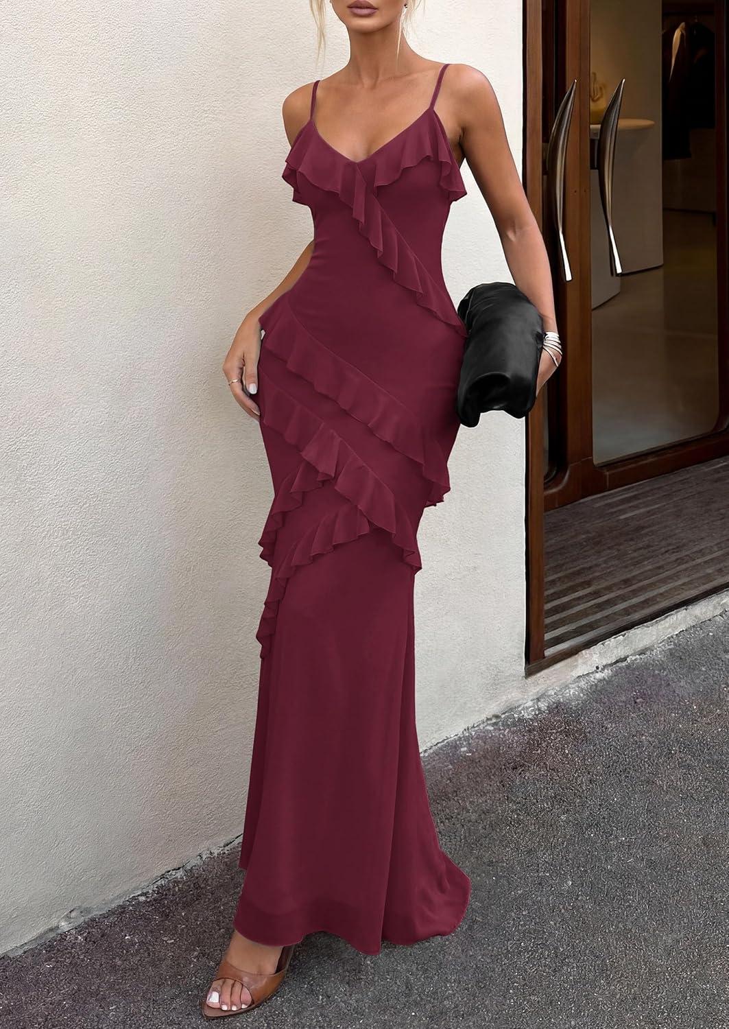 imagePRETTYGARDEN Women 2026 Wedding Guest Cocktail Maxi Dress Spaghetti Strap Sleeveless V Neck Bodycon Mesh Party Summer OutfitsBurgundy