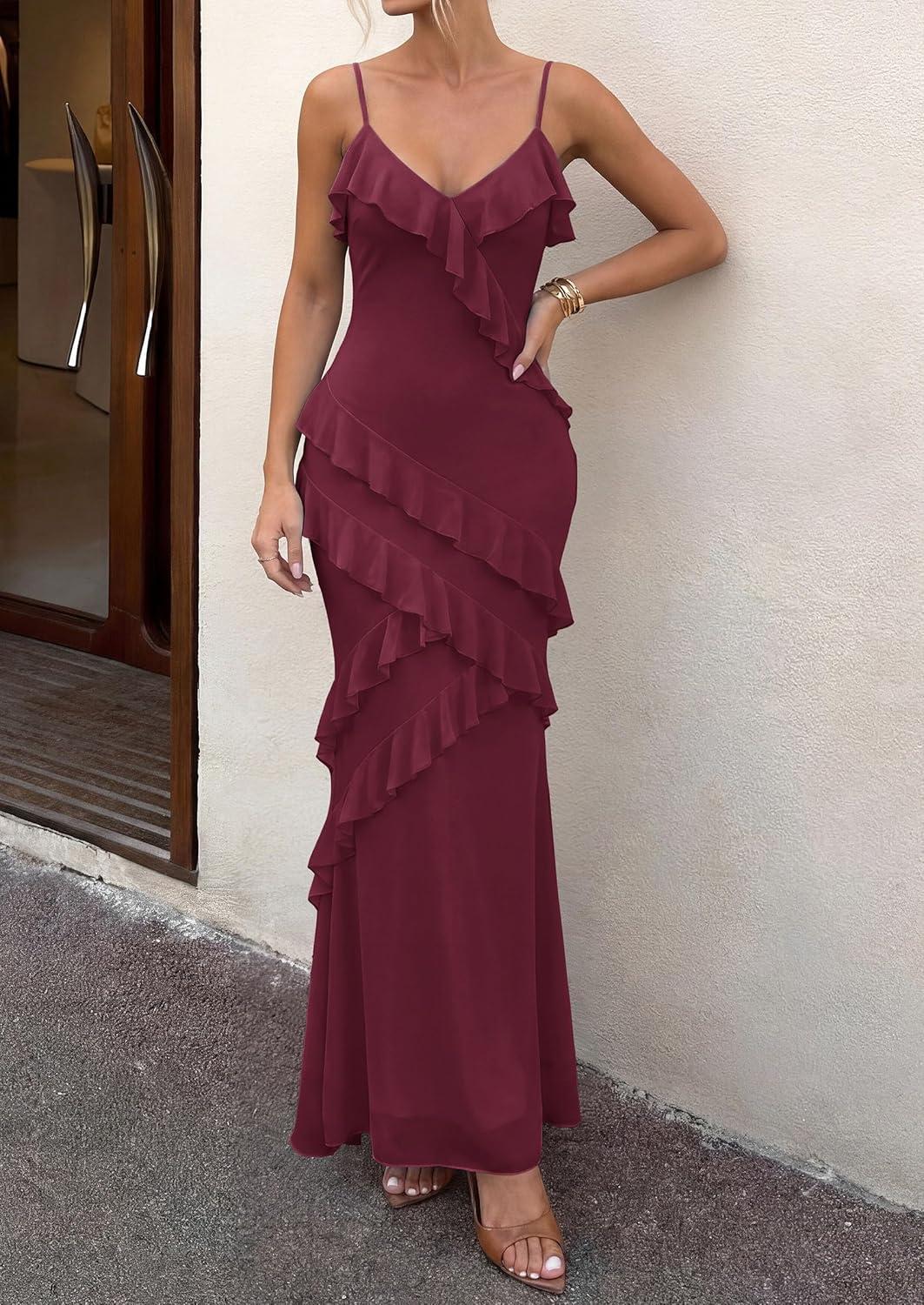 imagePRETTYGARDEN Women 2026 Wedding Guest Cocktail Maxi Dress Spaghetti Strap Sleeveless V Neck Bodycon Mesh Party Summer OutfitsBurgundy