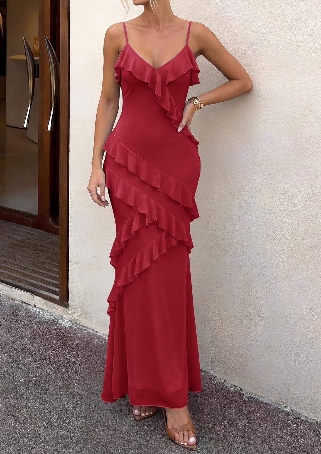 imagePRETTYGARDEN Women 2026 Wedding Guest Cocktail Maxi Dress Spaghetti Strap Sleeveless V Neck Bodycon Mesh Party Summer OutfitsRed