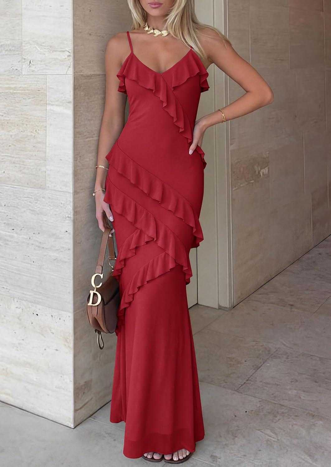 imagePRETTYGARDEN Women 2026 Wedding Guest Cocktail Maxi Dress Spaghetti Strap Sleeveless V Neck Bodycon Mesh Party Summer OutfitsRed
