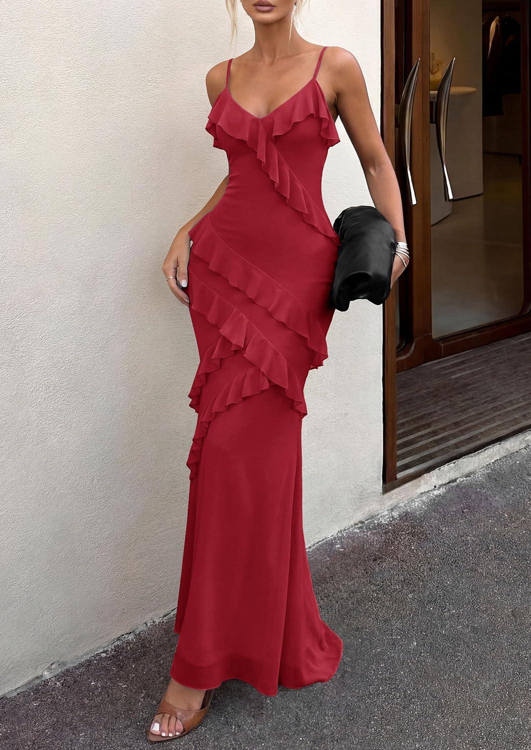 imagePRETTYGARDEN Women 2026 Wedding Guest Cocktail Maxi Dress Spaghetti Strap Sleeveless V Neck Bodycon Mesh Party Summer OutfitsRed