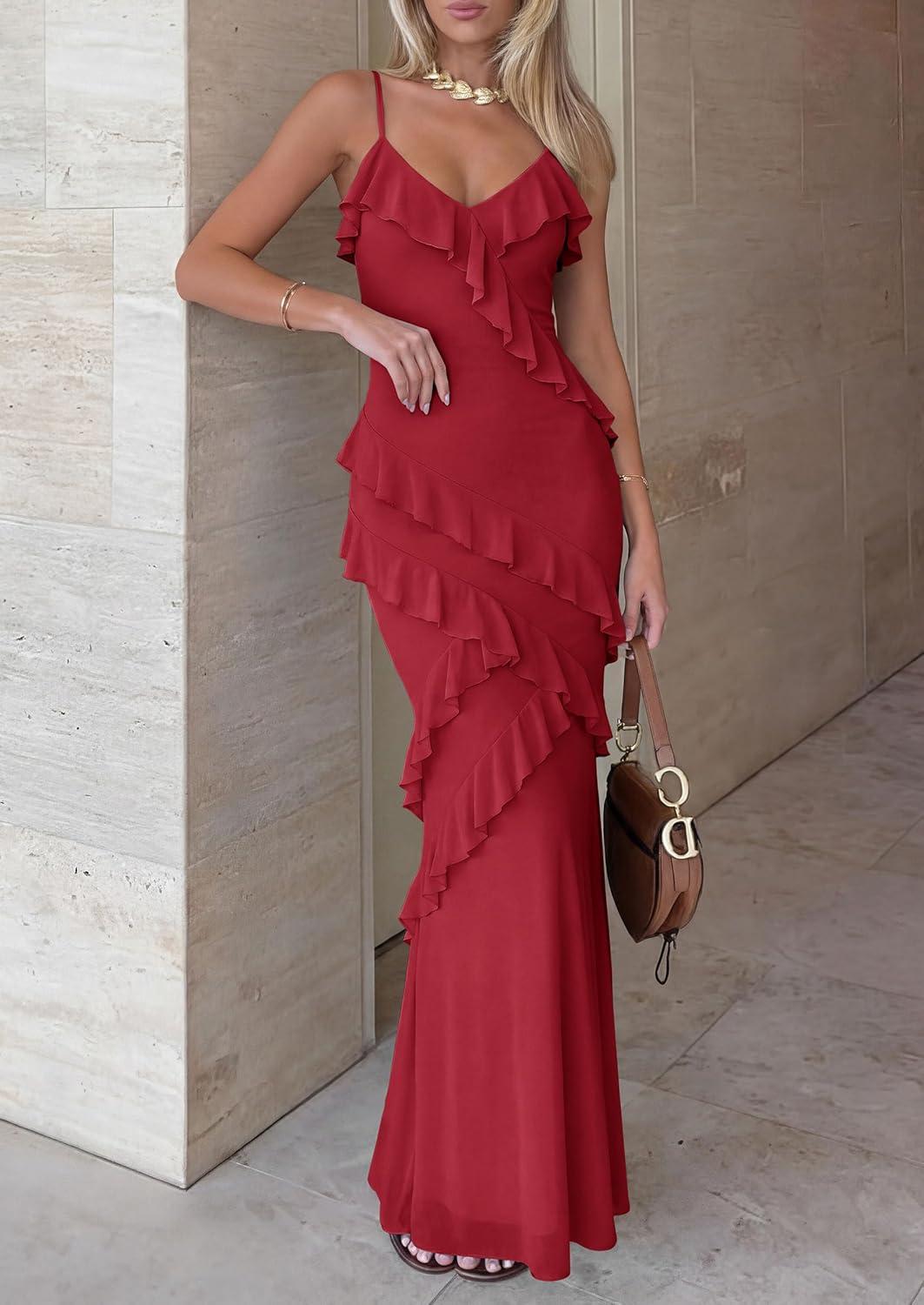 imagePRETTYGARDEN Women 2026 Wedding Guest Cocktail Maxi Dress Spaghetti Strap Sleeveless V Neck Bodycon Mesh Party Summer OutfitsRed