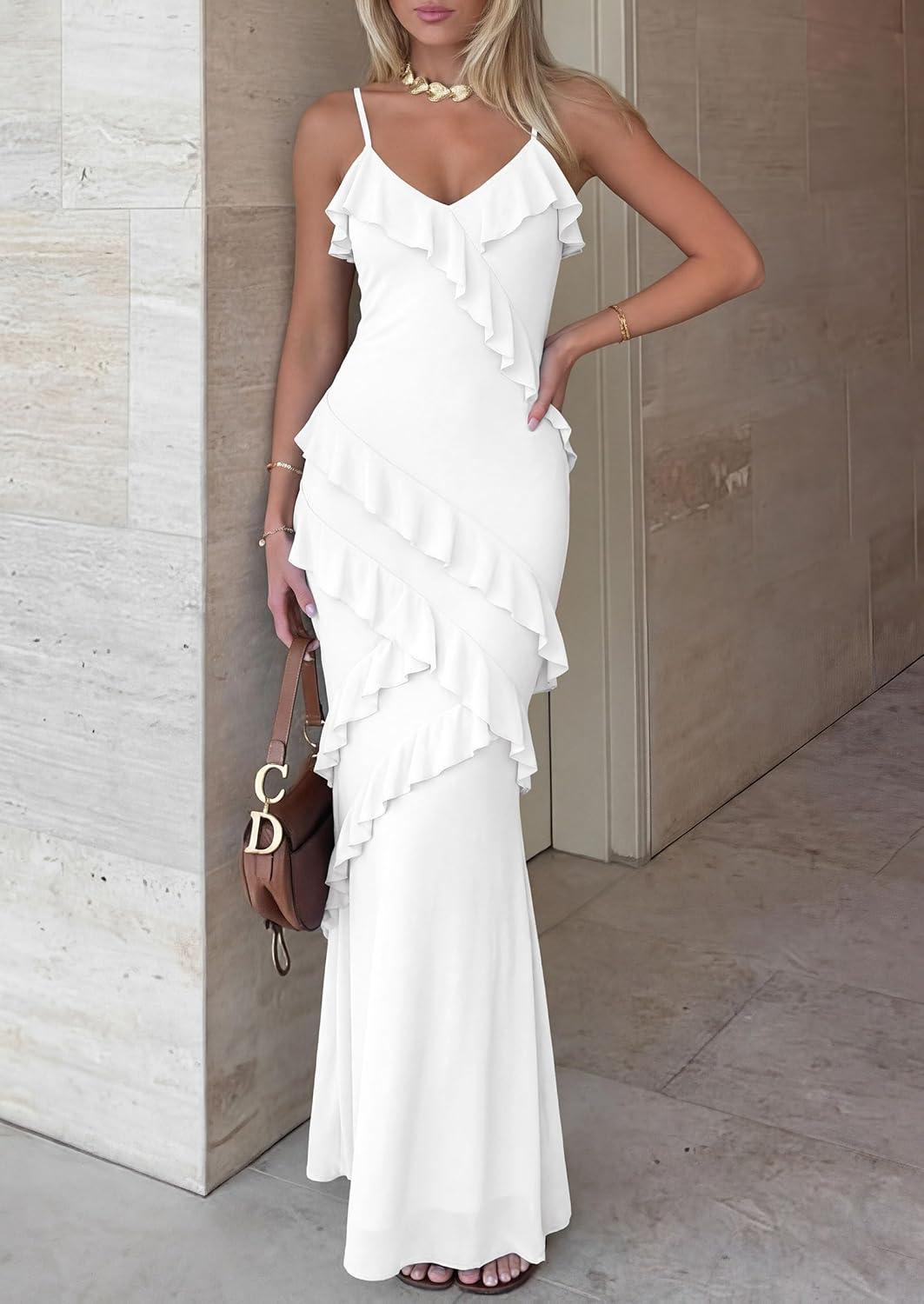 imagePRETTYGARDEN Women 2026 Wedding Guest Cocktail Maxi Dress Spaghetti Strap Sleeveless V Neck Bodycon Mesh Party Summer OutfitsWhite