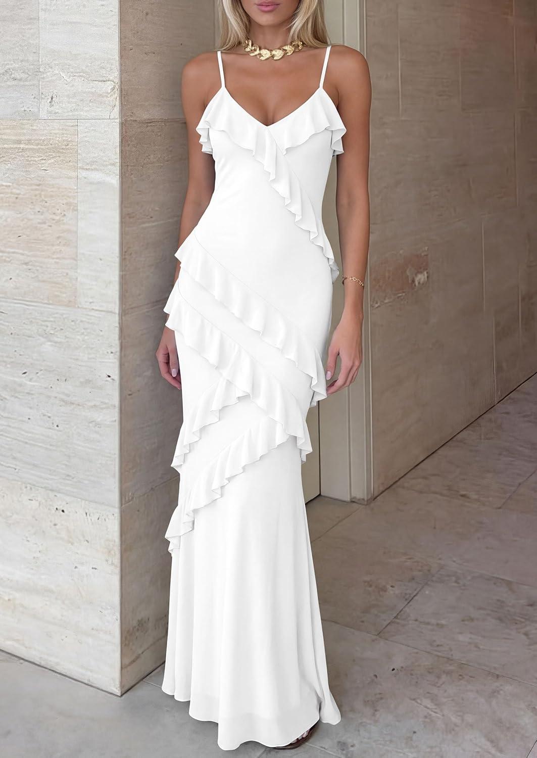 imagePRETTYGARDEN Women 2026 Wedding Guest Cocktail Maxi Dress Spaghetti Strap Sleeveless V Neck Bodycon Mesh Party Summer OutfitsWhite