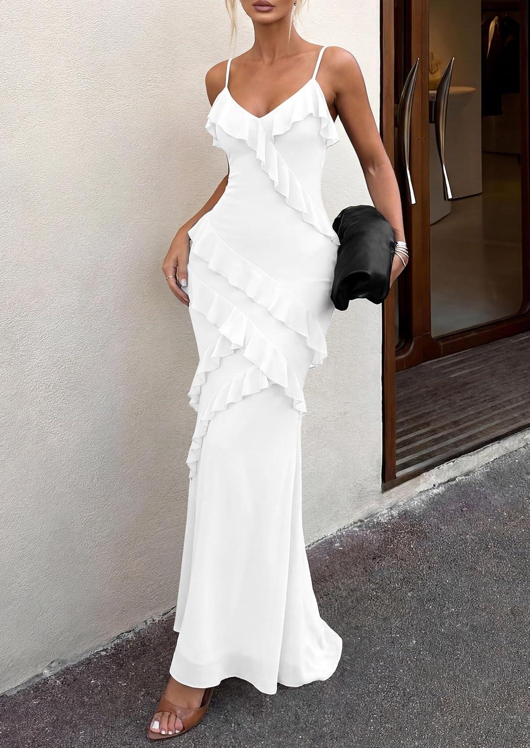 imagePRETTYGARDEN Women 2026 Wedding Guest Cocktail Maxi Dress Spaghetti Strap Sleeveless V Neck Bodycon Mesh Party Summer OutfitsWhite