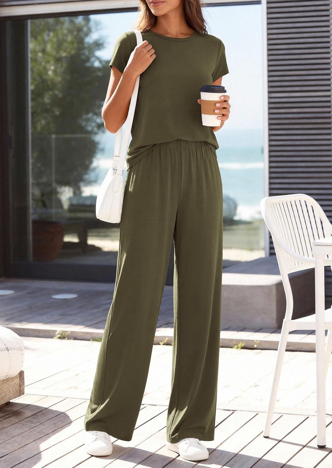 imagePRETTYGARDEN Womens 2026 Summer 2 Piece Matching Lounge Sets Short Sleeve Shirts Tops Wide Leg Pants Travel Airport OutfitsArmy Green