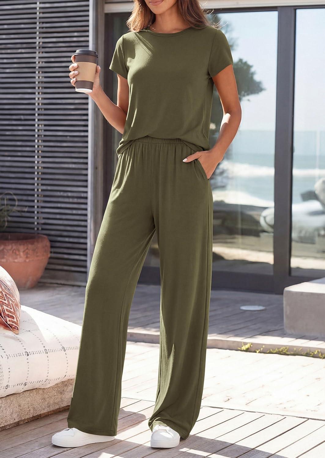 imagePRETTYGARDEN Womens 2026 Summer 2 Piece Matching Lounge Sets Short Sleeve Shirts Tops Wide Leg Pants Travel Airport OutfitsArmy Green