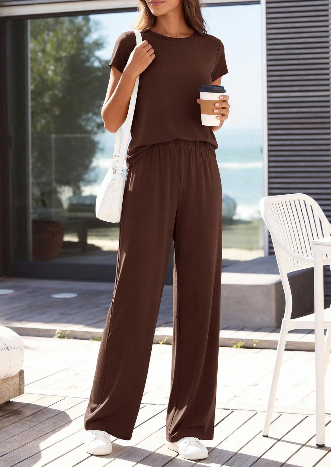 imagePRETTYGARDEN Womens 2026 Summer 2 Piece Matching Lounge Sets Short Sleeve Shirts Tops Wide Leg Pants Travel Airport OutfitsBrown