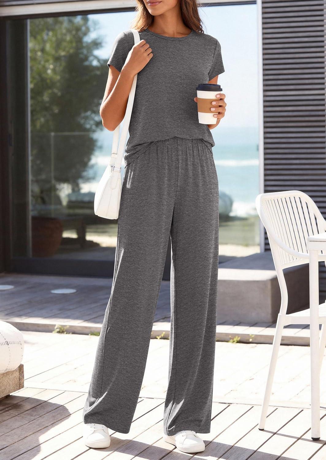 imagePRETTYGARDEN Womens 2026 Summer 2 Piece Matching Lounge Sets Short Sleeve Shirts Tops Wide Leg Pants Travel Airport OutfitsDark Grey