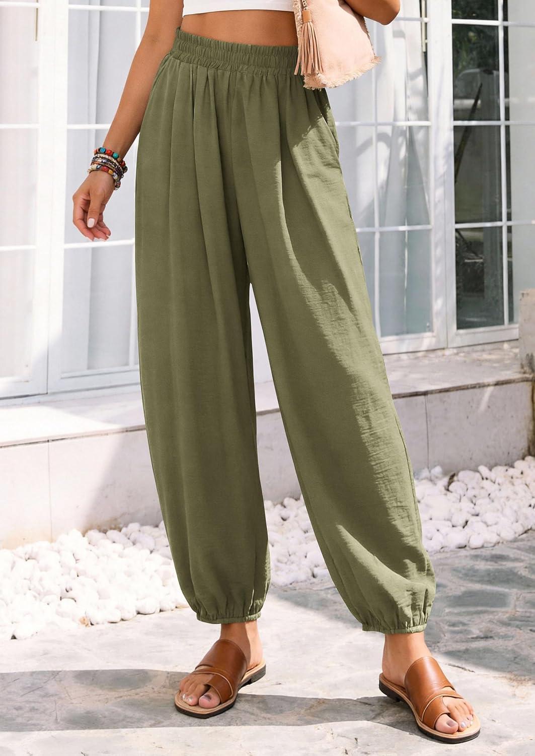 imagePRETTYGARDEN Womens 2026 Summer Casual Pants High Waisted Loose Wide Leg Palazzo Pockets Lounge Beach Travel Trousers OutfitsArmy Green