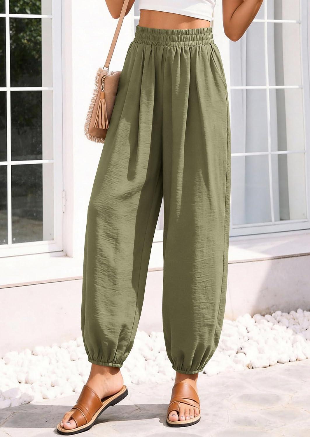 imagePRETTYGARDEN Womens 2026 Summer Casual Pants High Waisted Loose Wide Leg Palazzo Pockets Lounge Beach Travel Trousers OutfitsArmy Green