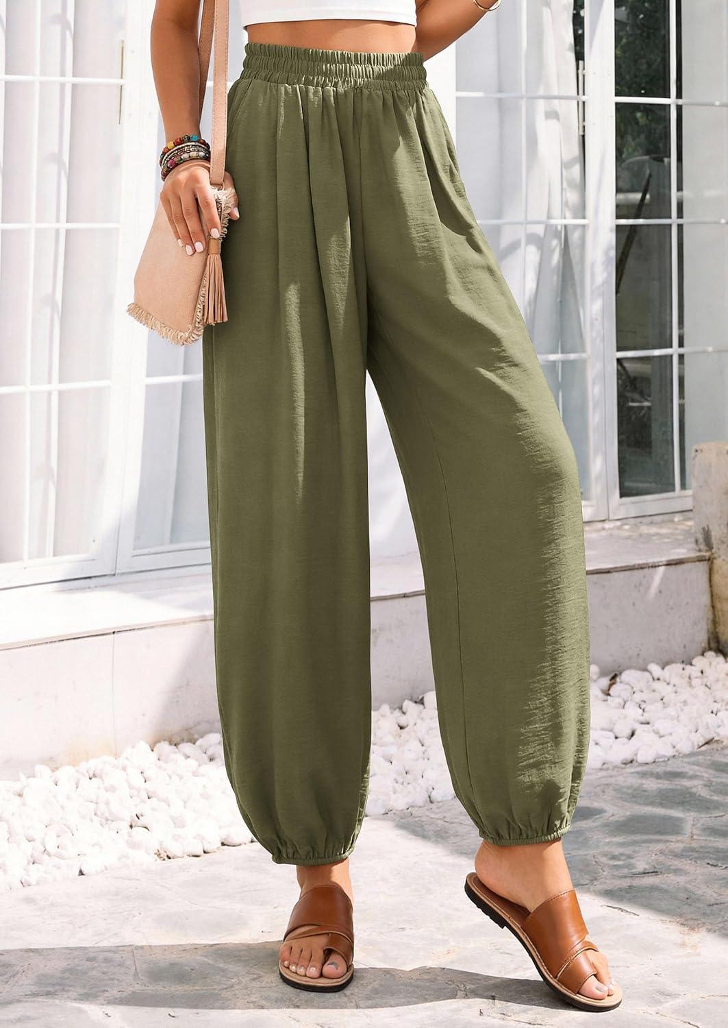 imagePRETTYGARDEN Womens 2026 Summer Casual Pants High Waisted Loose Wide Leg Palazzo Pockets Lounge Beach Travel Trousers OutfitsArmy Green