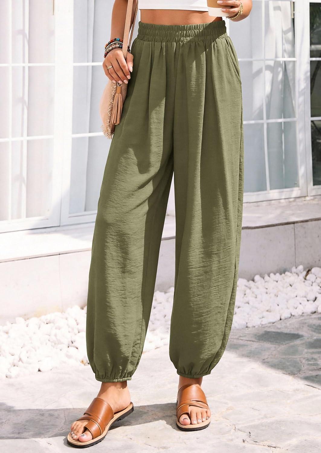 imagePRETTYGARDEN Womens 2026 Summer Casual Pants High Waisted Loose Wide Leg Palazzo Pockets Lounge Beach Travel Trousers OutfitsArmy Green