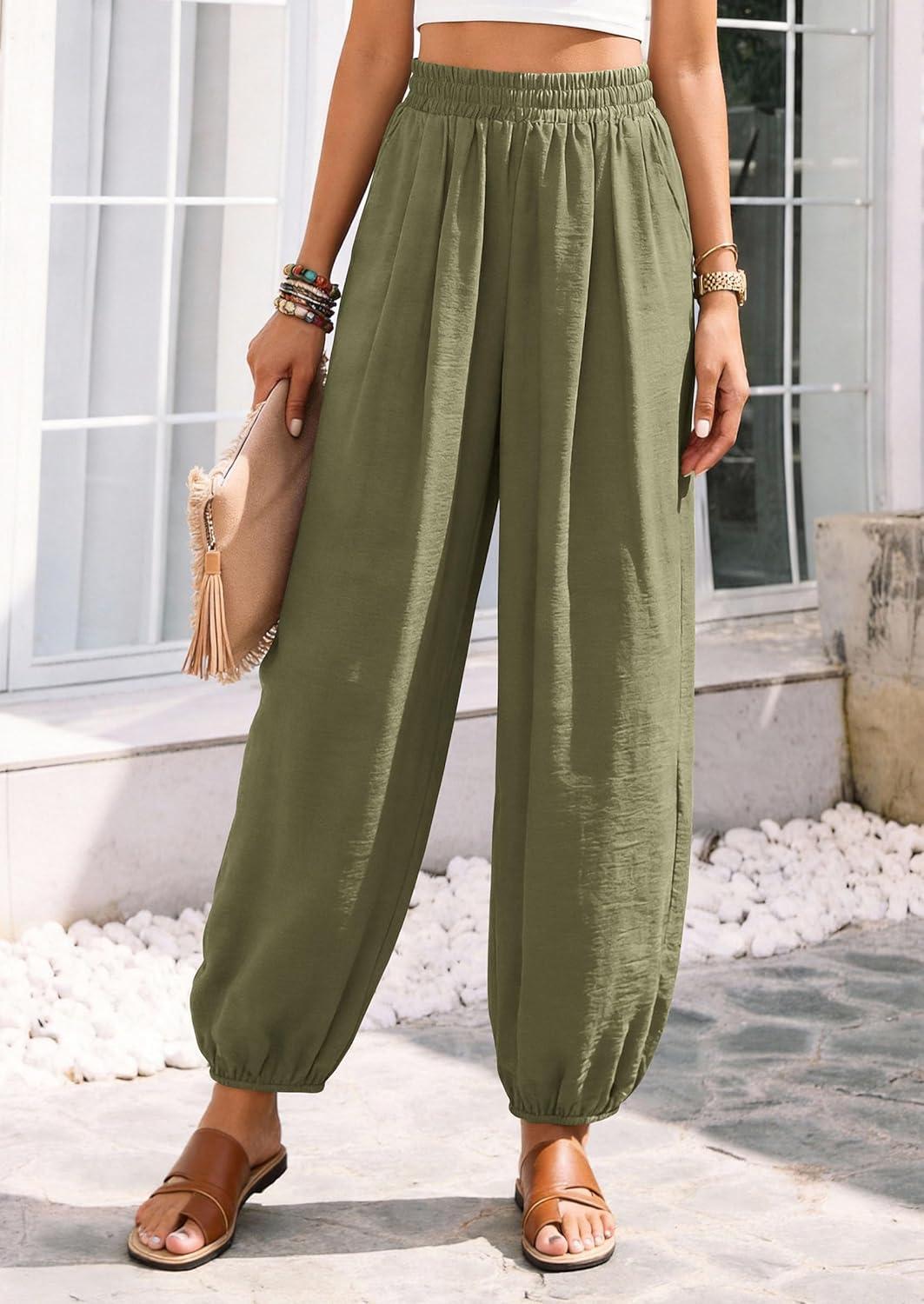 imagePRETTYGARDEN Womens 2026 Summer Casual Pants High Waisted Loose Wide Leg Palazzo Pockets Lounge Beach Travel Trousers OutfitsArmy Green