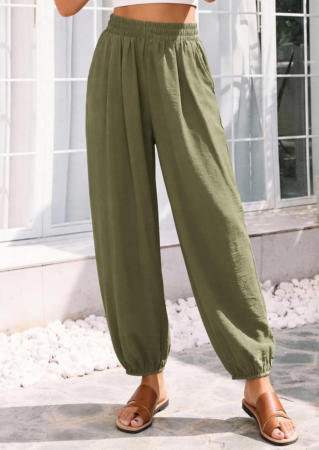 imagePRETTYGARDEN Womens 2026 Summer Casual Pants High Waisted Loose Wide Leg Palazzo Pockets Lounge Beach Travel Trousers OutfitsArmy Green