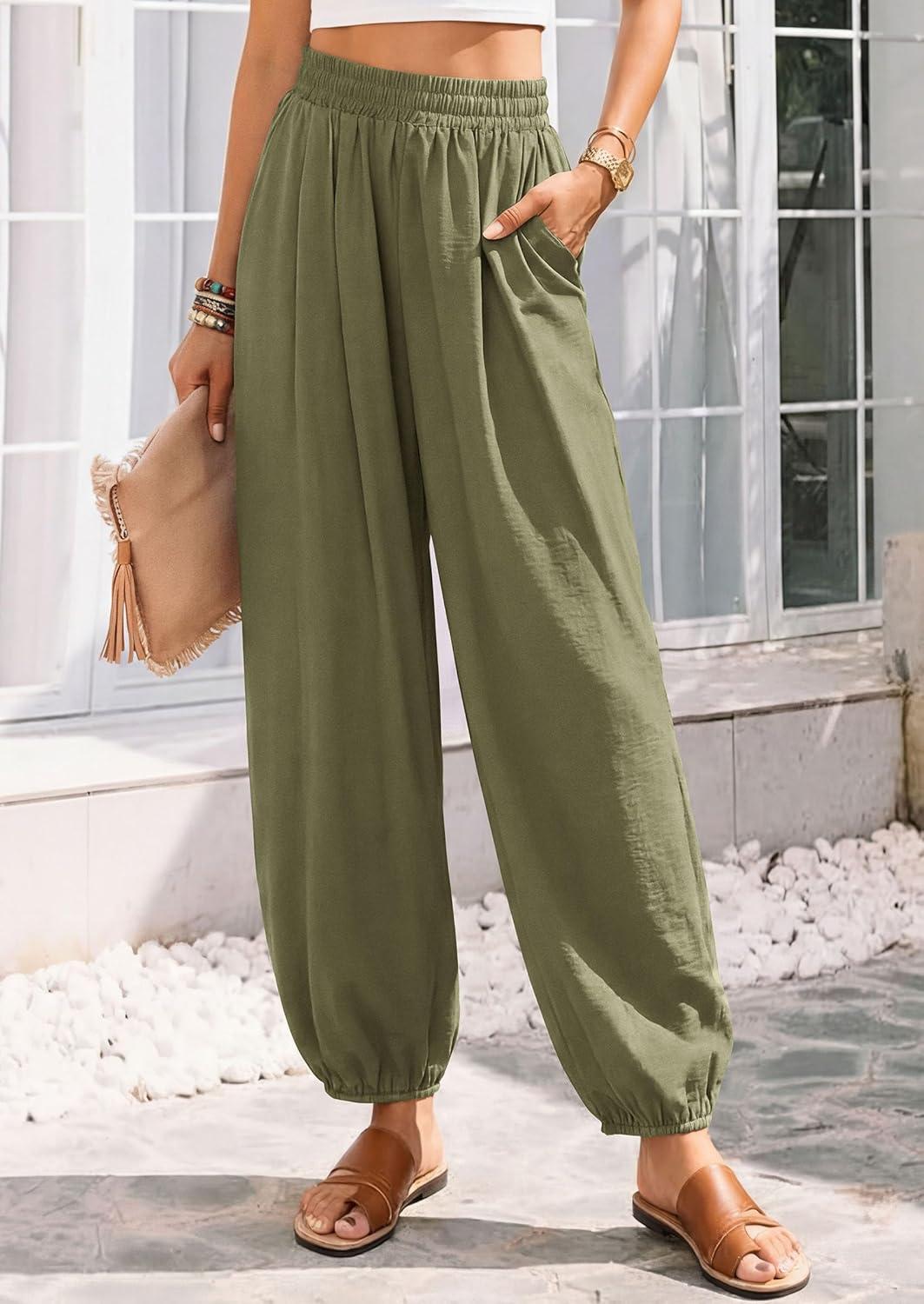 imagePRETTYGARDEN Womens 2026 Summer Casual Pants High Waisted Loose Wide Leg Palazzo Pockets Lounge Beach Travel Trousers OutfitsArmy Green