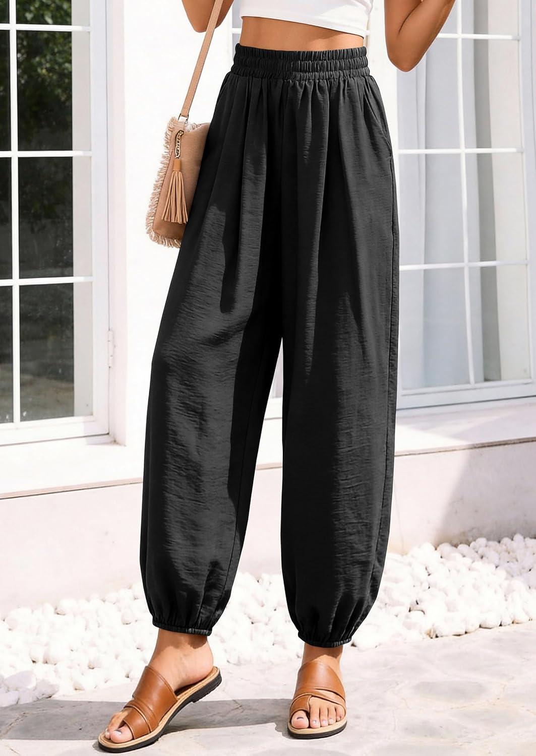 imagePRETTYGARDEN Womens 2026 Summer Casual Pants High Waisted Loose Wide Leg Palazzo Pockets Lounge Beach Travel Trousers OutfitsBlack
