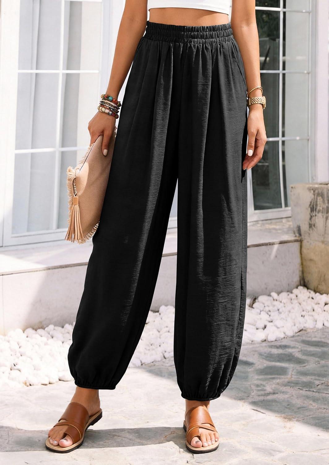 imagePRETTYGARDEN Womens 2026 Summer Casual Pants High Waisted Loose Wide Leg Palazzo Pockets Lounge Beach Travel Trousers OutfitsBlack