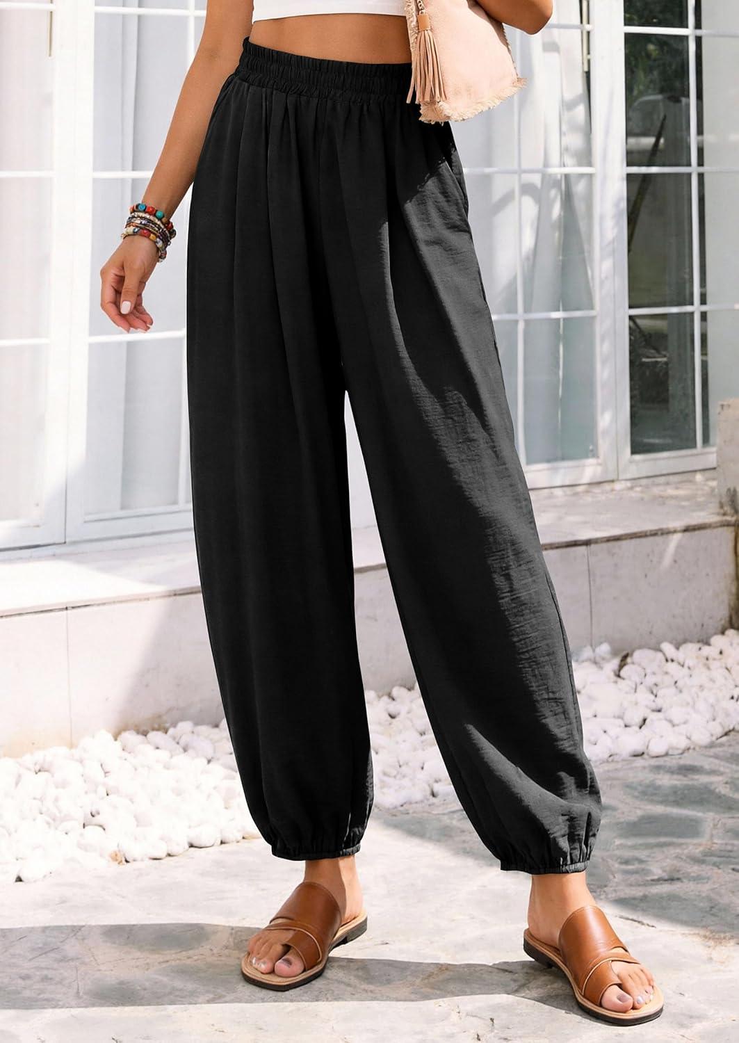 imagePRETTYGARDEN Womens 2026 Summer Casual Pants High Waisted Loose Wide Leg Palazzo Pockets Lounge Beach Travel Trousers OutfitsBlack