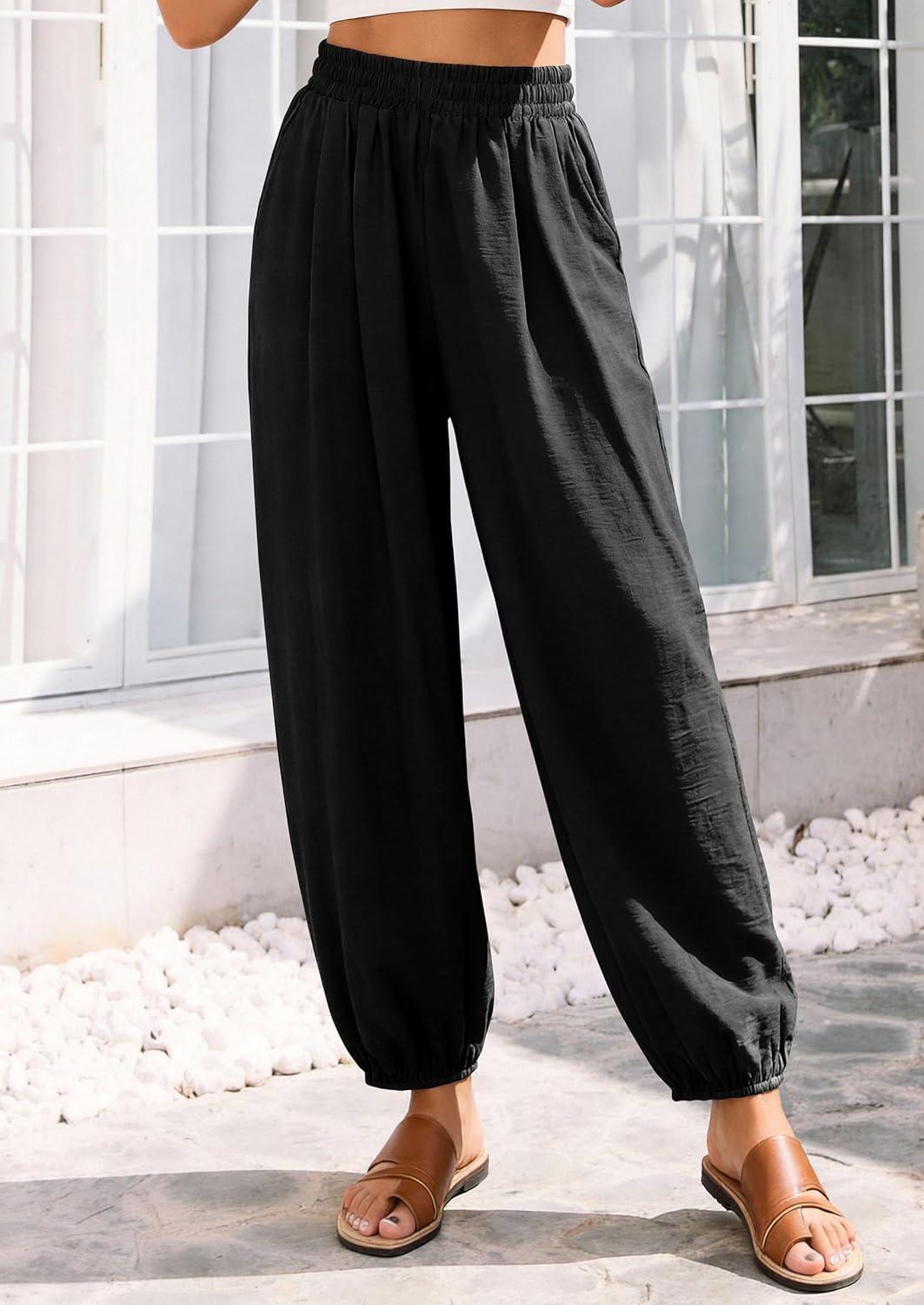 imagePRETTYGARDEN Womens 2026 Summer Casual Pants High Waisted Loose Wide Leg Palazzo Pockets Lounge Beach Travel Trousers OutfitsBlack