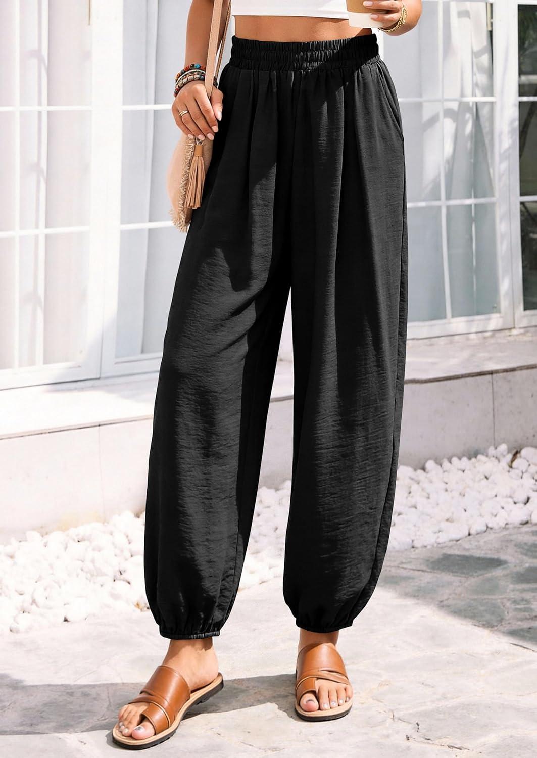 imagePRETTYGARDEN Womens 2026 Summer Casual Pants High Waisted Loose Wide Leg Palazzo Pockets Lounge Beach Travel Trousers OutfitsBlack