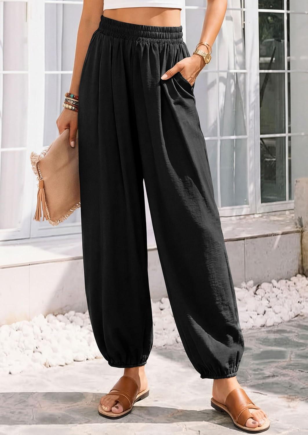 imagePRETTYGARDEN Womens 2026 Summer Casual Pants High Waisted Loose Wide Leg Palazzo Pockets Lounge Beach Travel Trousers OutfitsBlack