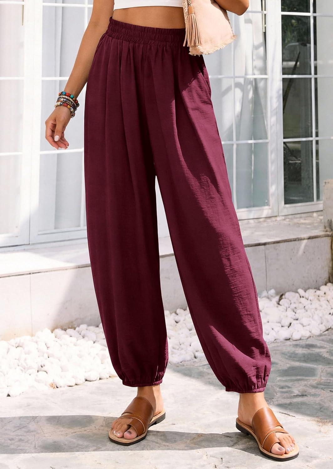 imagePRETTYGARDEN Womens 2026 Summer Casual Pants High Waisted Loose Wide Leg Palazzo Pockets Lounge Beach Travel Trousers OutfitsBurgundy