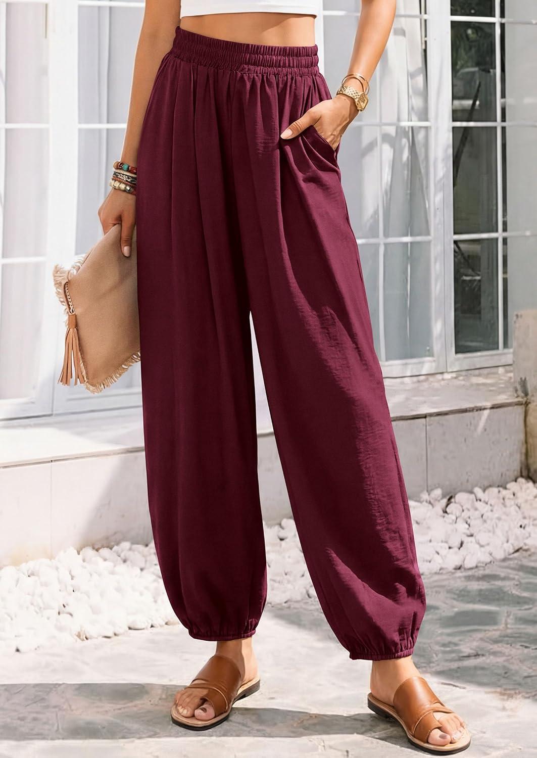 imagePRETTYGARDEN Womens 2026 Summer Casual Pants High Waisted Loose Wide Leg Palazzo Pockets Lounge Beach Travel Trousers OutfitsBurgundy