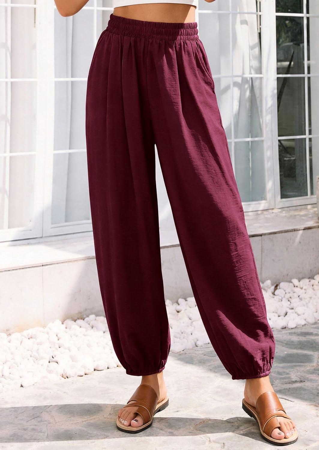 imagePRETTYGARDEN Womens 2026 Summer Casual Pants High Waisted Loose Wide Leg Palazzo Pockets Lounge Beach Travel Trousers OutfitsBurgundy