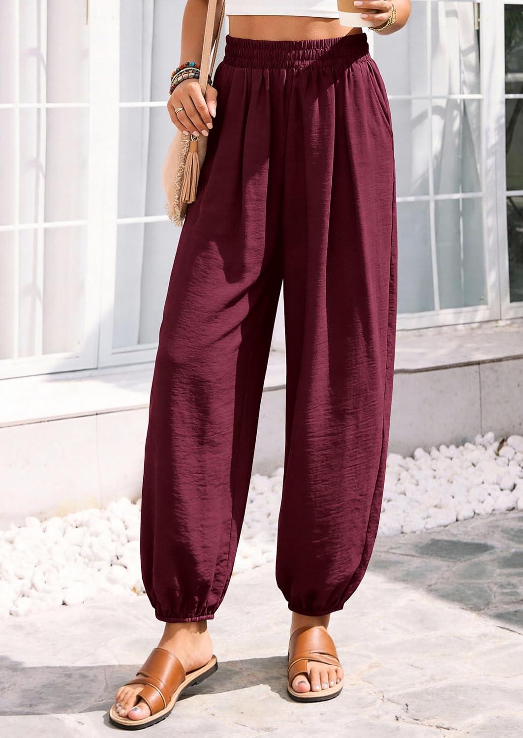 imagePRETTYGARDEN Womens 2026 Summer Casual Pants High Waisted Loose Wide Leg Palazzo Pockets Lounge Beach Travel Trousers OutfitsBurgundy