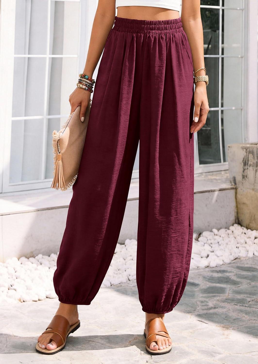 imagePRETTYGARDEN Womens 2026 Summer Casual Pants High Waisted Loose Wide Leg Palazzo Pockets Lounge Beach Travel Trousers OutfitsBurgundy