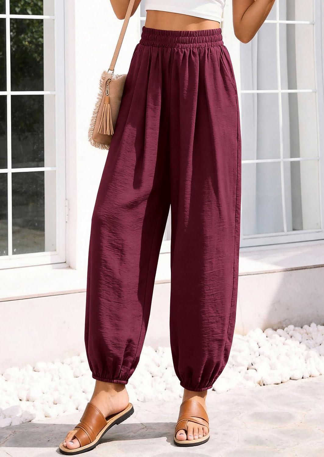 imagePRETTYGARDEN Womens 2026 Summer Casual Pants High Waisted Loose Wide Leg Palazzo Pockets Lounge Beach Travel Trousers OutfitsBurgundy