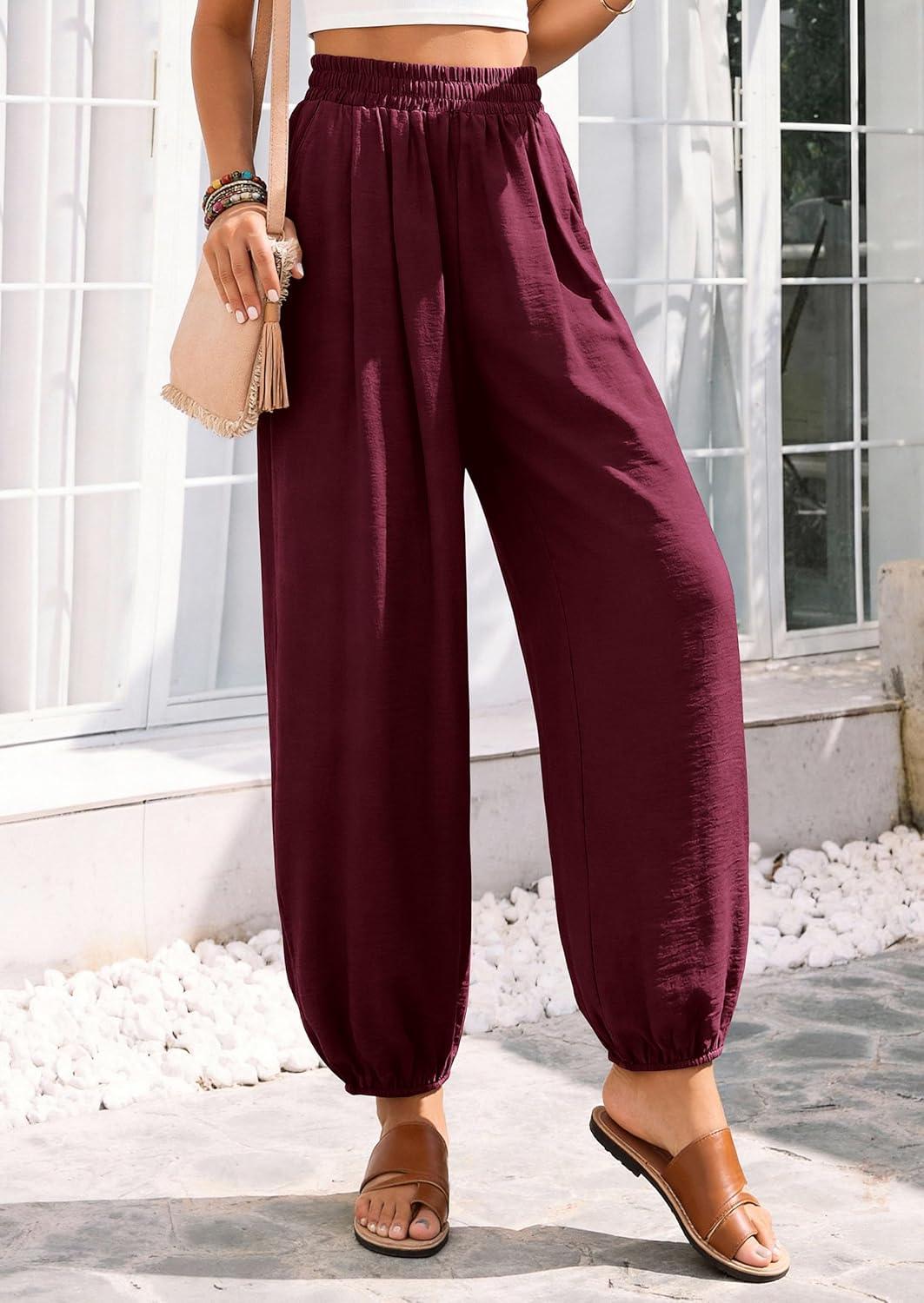 imagePRETTYGARDEN Womens 2026 Summer Casual Pants High Waisted Loose Wide Leg Palazzo Pockets Lounge Beach Travel Trousers OutfitsBurgundy