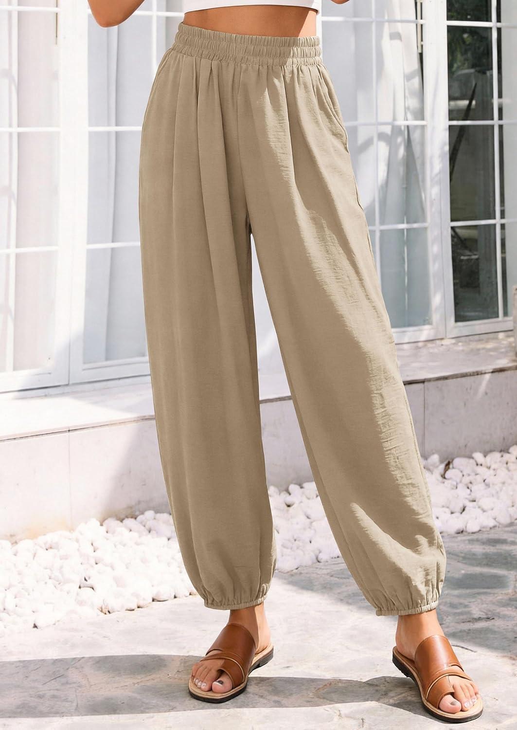 imagePRETTYGARDEN Womens 2026 Summer Casual Pants High Waisted Loose Wide Leg Palazzo Pockets Lounge Beach Travel Trousers OutfitsLight Khaki