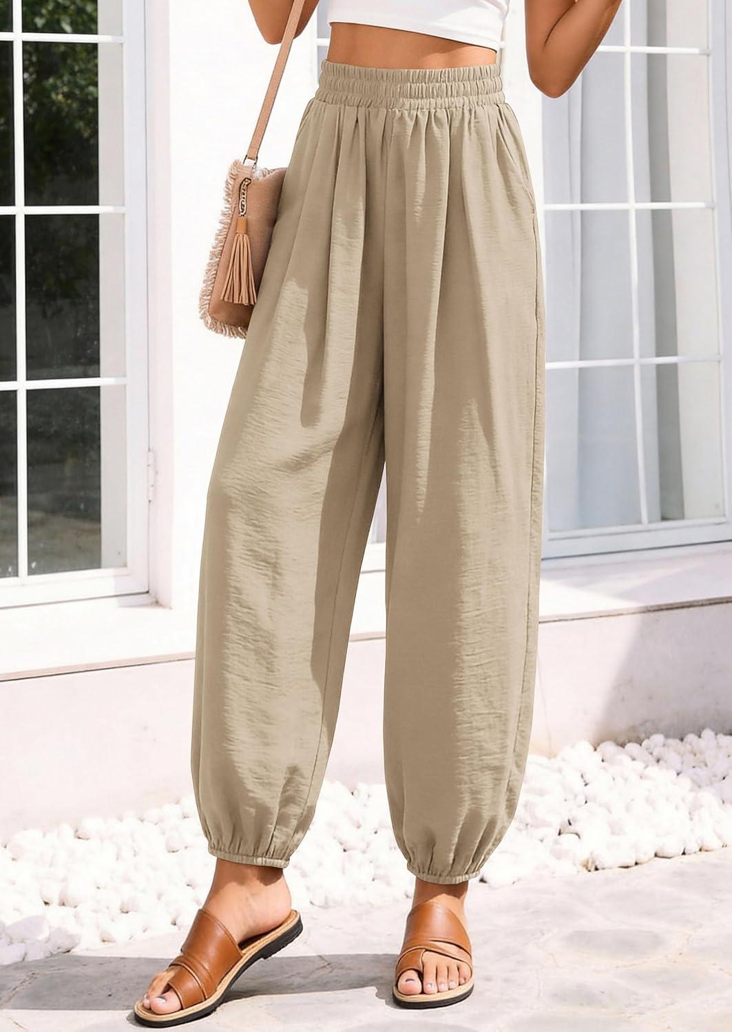 imagePRETTYGARDEN Womens 2026 Summer Casual Pants High Waisted Loose Wide Leg Palazzo Pockets Lounge Beach Travel Trousers OutfitsLight Khaki