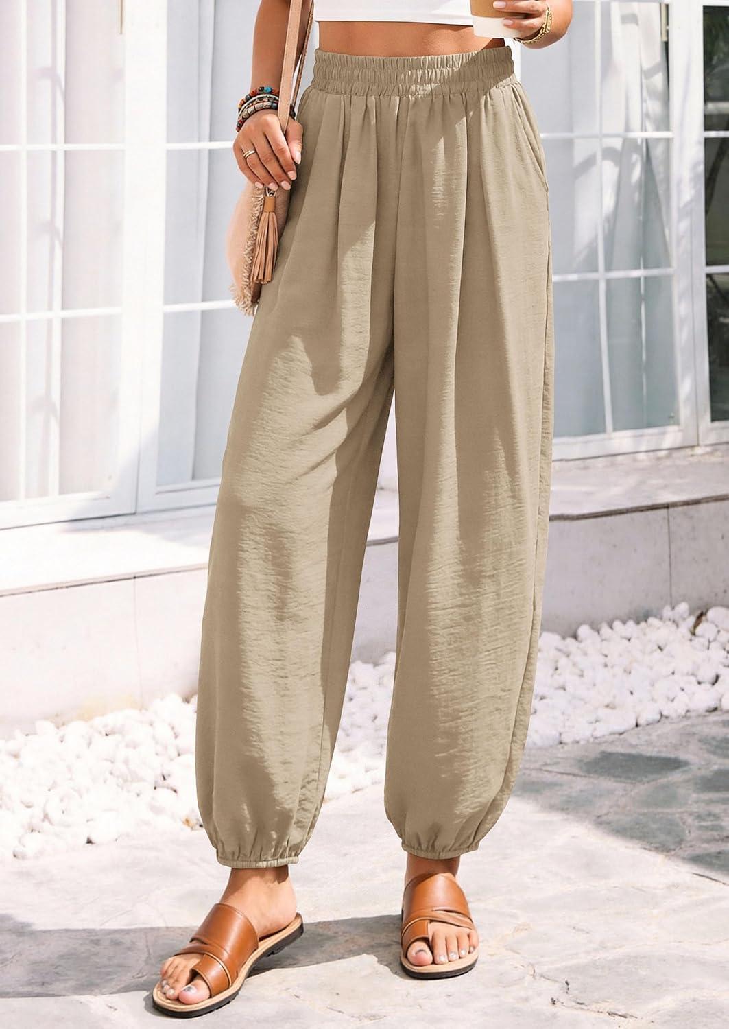 imagePRETTYGARDEN Womens 2026 Summer Casual Pants High Waisted Loose Wide Leg Palazzo Pockets Lounge Beach Travel Trousers OutfitsLight Khaki