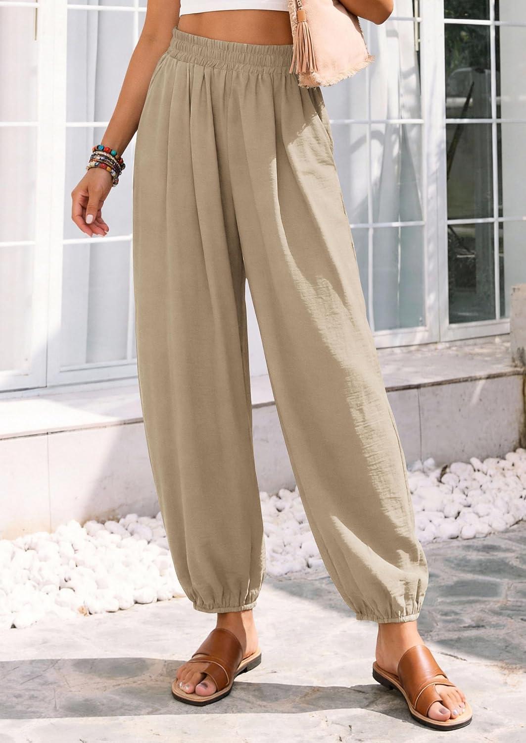 imagePRETTYGARDEN Womens 2026 Summer Casual Pants High Waisted Loose Wide Leg Palazzo Pockets Lounge Beach Travel Trousers OutfitsLight Khaki