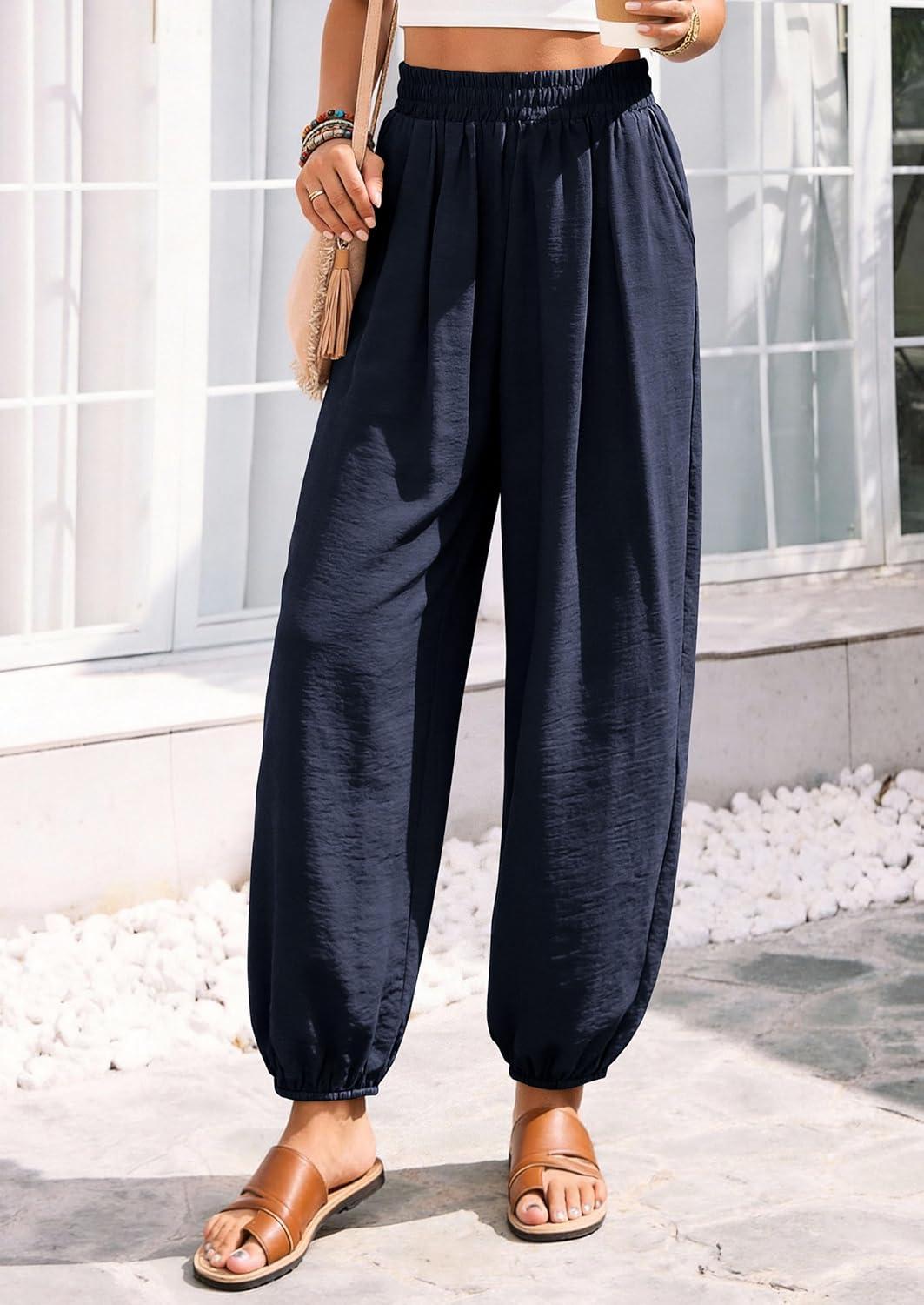 imagePRETTYGARDEN Womens 2026 Summer Casual Pants High Waisted Loose Wide Leg Palazzo Pockets Lounge Beach Travel Trousers OutfitsNavy Blue