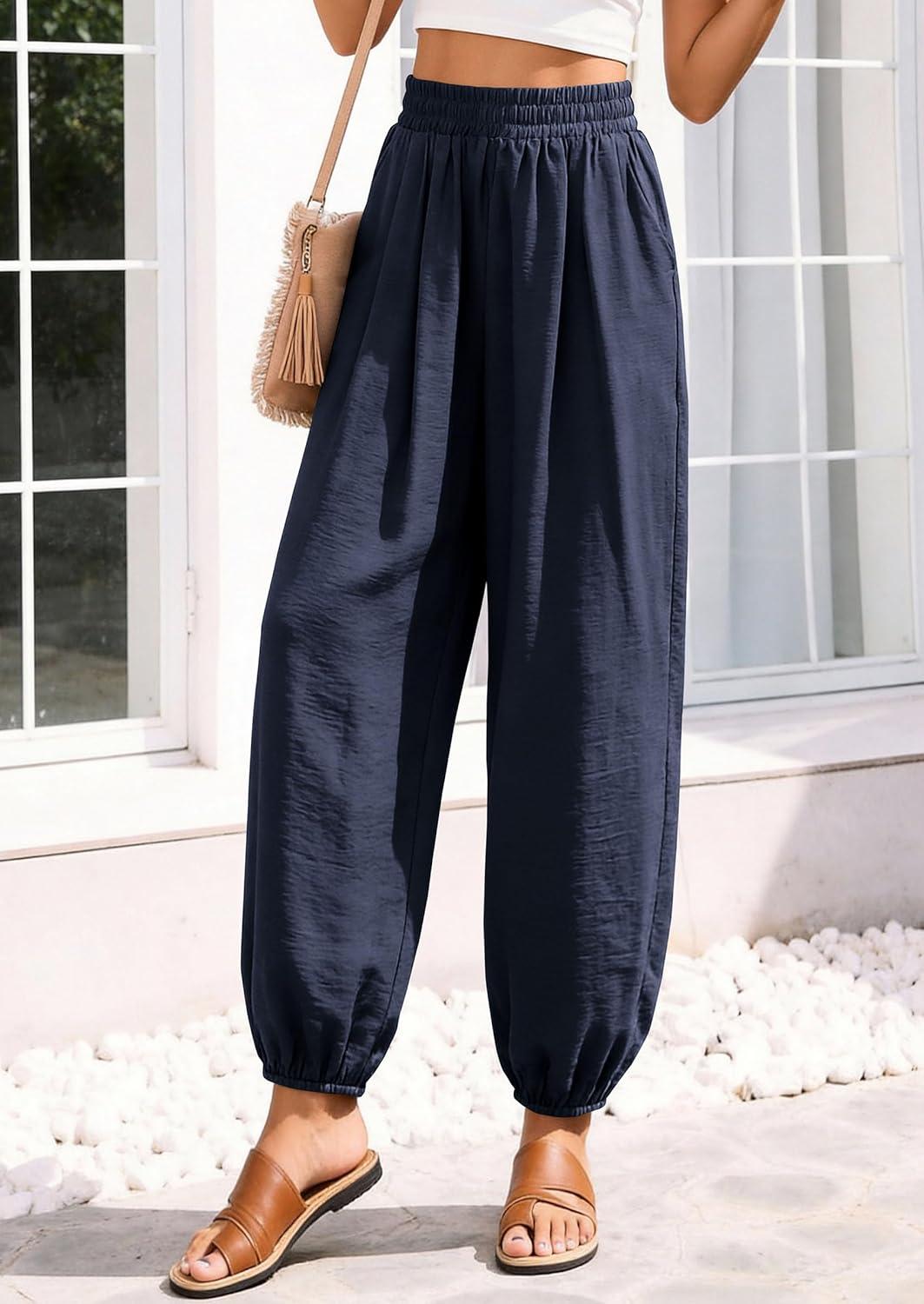 imagePRETTYGARDEN Womens 2026 Summer Casual Pants High Waisted Loose Wide Leg Palazzo Pockets Lounge Beach Travel Trousers OutfitsNavy Blue