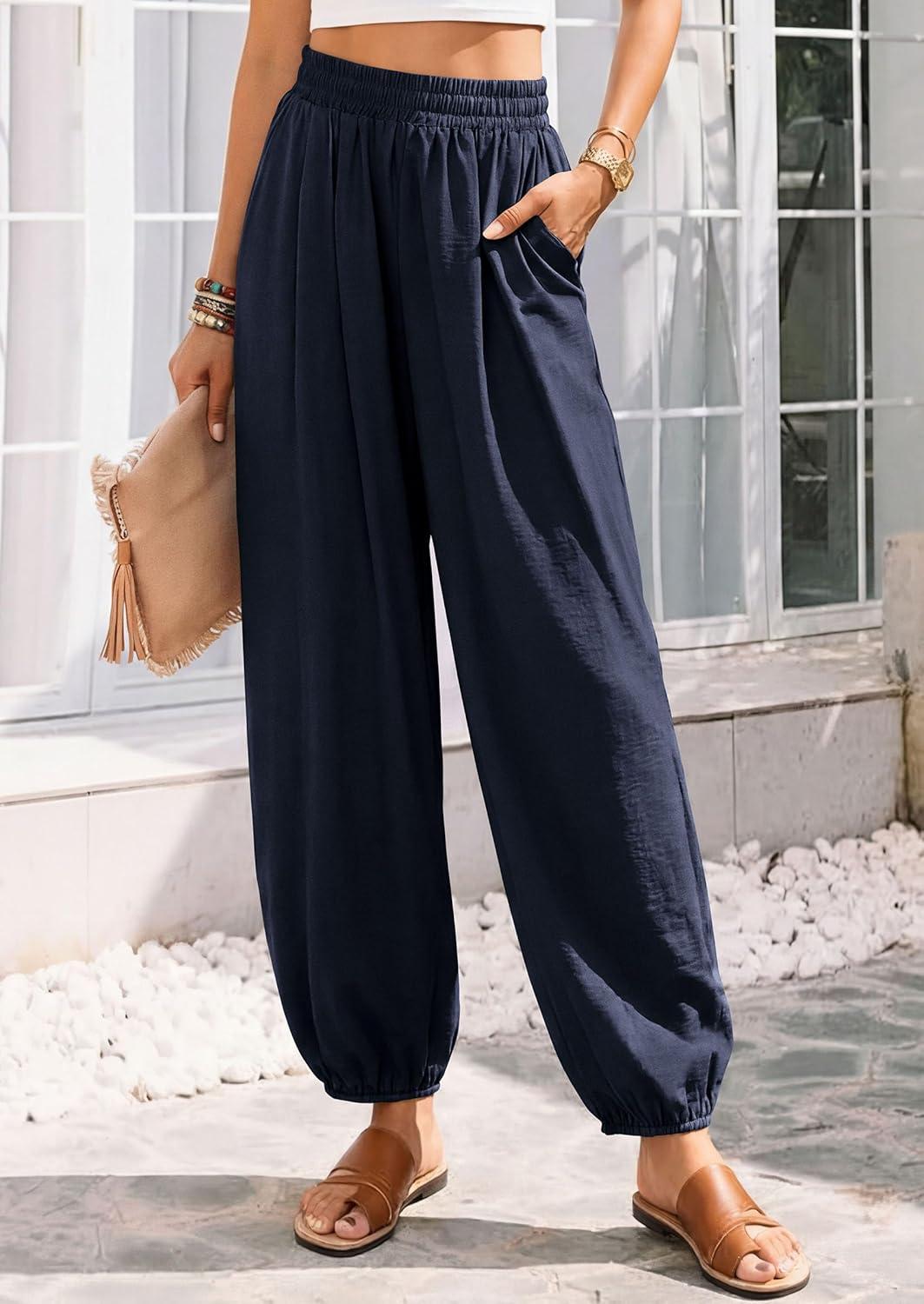 imagePRETTYGARDEN Womens 2026 Summer Casual Pants High Waisted Loose Wide Leg Palazzo Pockets Lounge Beach Travel Trousers OutfitsNavy Blue