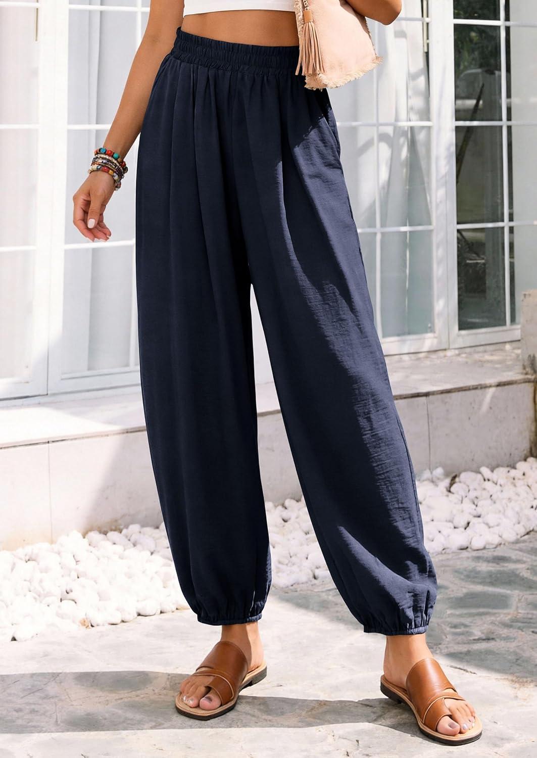 imagePRETTYGARDEN Womens 2026 Summer Casual Pants High Waisted Loose Wide Leg Palazzo Pockets Lounge Beach Travel Trousers OutfitsNavy Blue