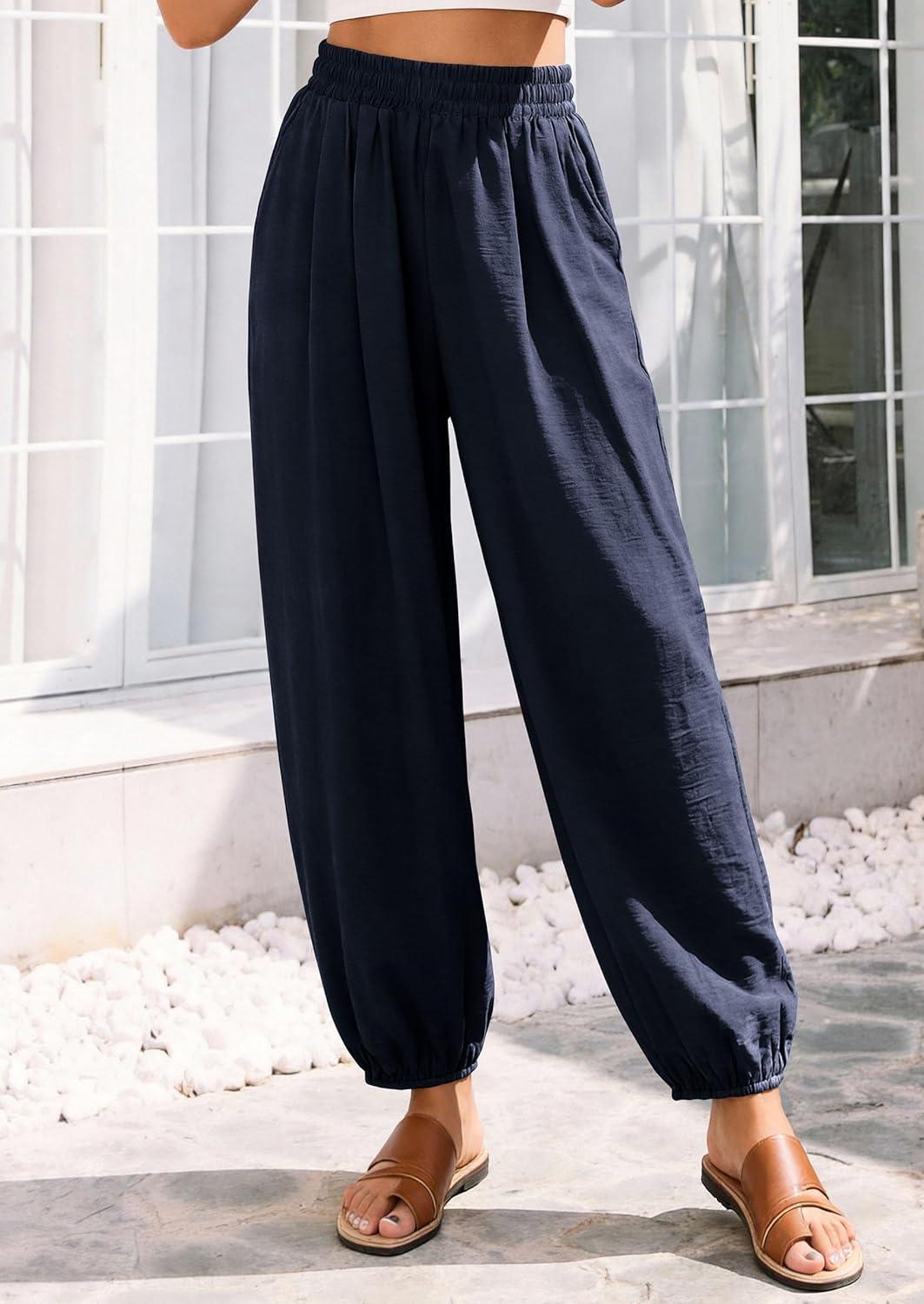 imagePRETTYGARDEN Womens 2026 Summer Casual Pants High Waisted Loose Wide Leg Palazzo Pockets Lounge Beach Travel Trousers OutfitsNavy Blue