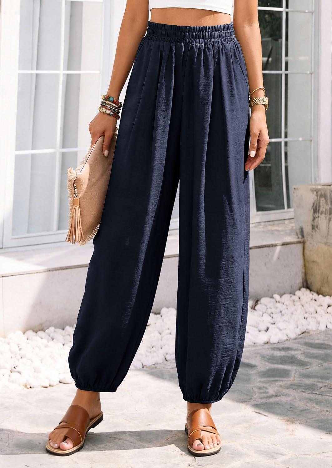 imagePRETTYGARDEN Womens 2026 Summer Casual Pants High Waisted Loose Wide Leg Palazzo Pockets Lounge Beach Travel Trousers OutfitsNavy Blue