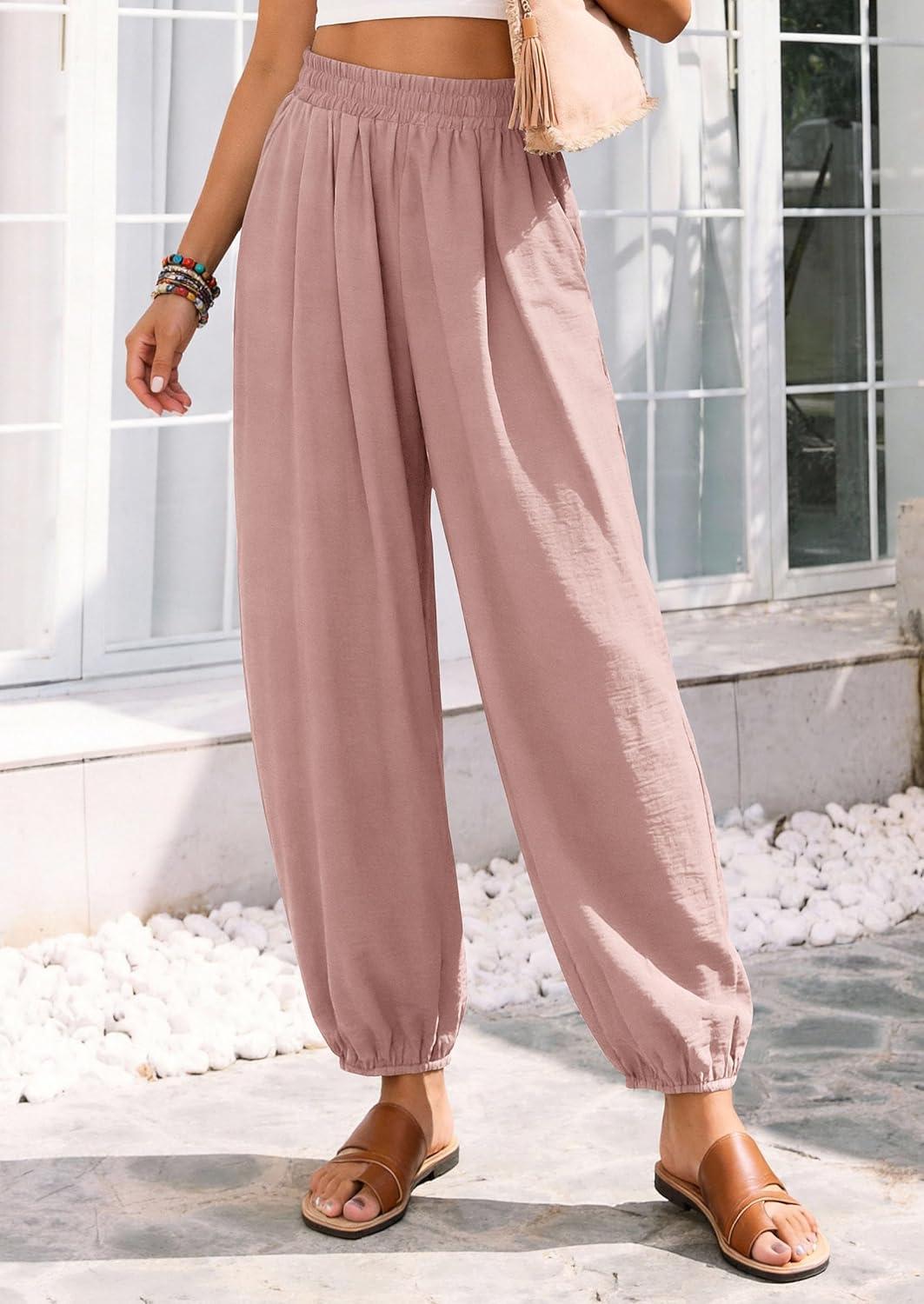 imagePRETTYGARDEN Womens 2026 Summer Casual Pants High Waisted Loose Wide Leg Palazzo Pockets Lounge Beach Travel Trousers OutfitsPink