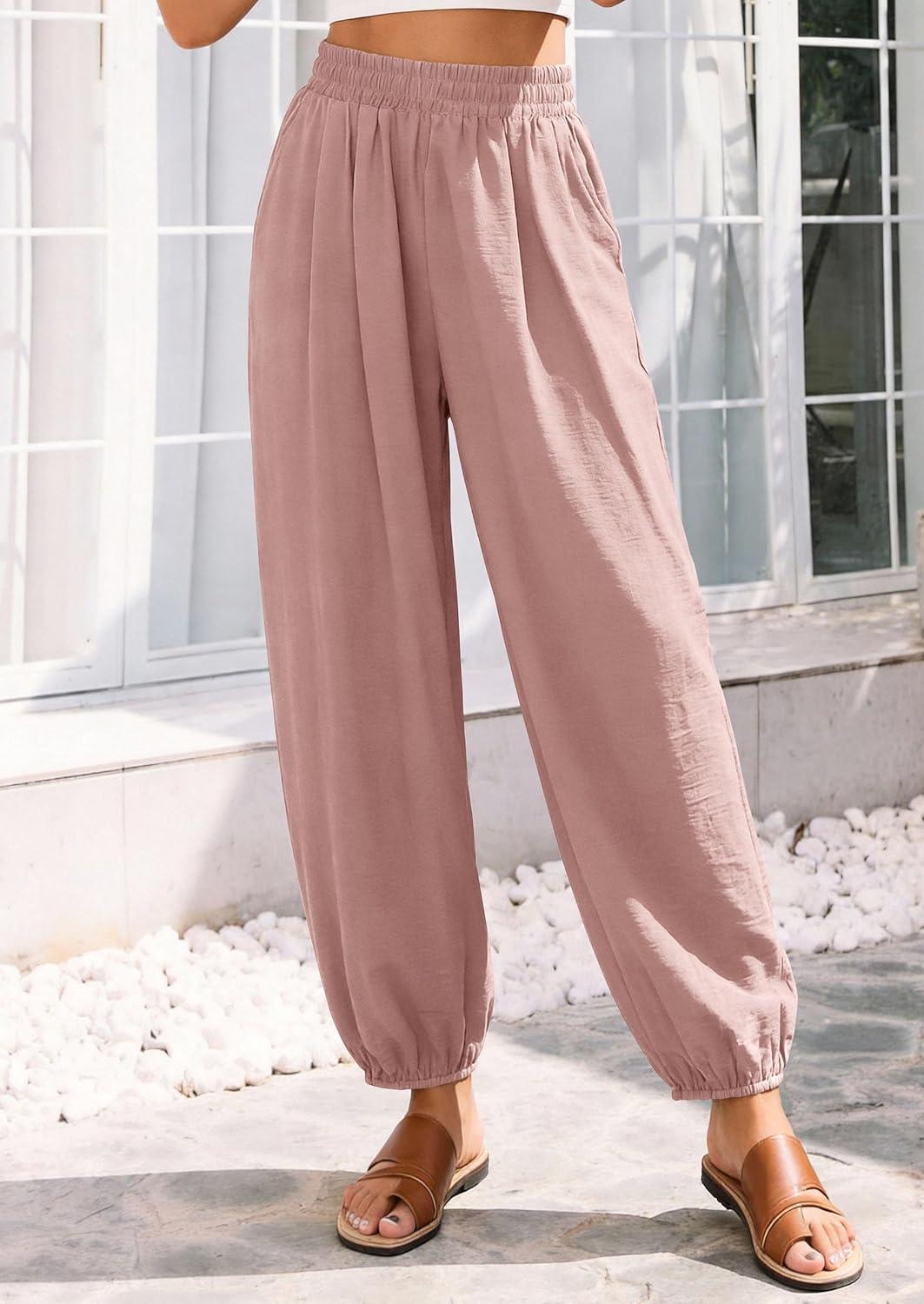 imagePRETTYGARDEN Womens 2026 Summer Casual Pants High Waisted Loose Wide Leg Palazzo Pockets Lounge Beach Travel Trousers OutfitsPink